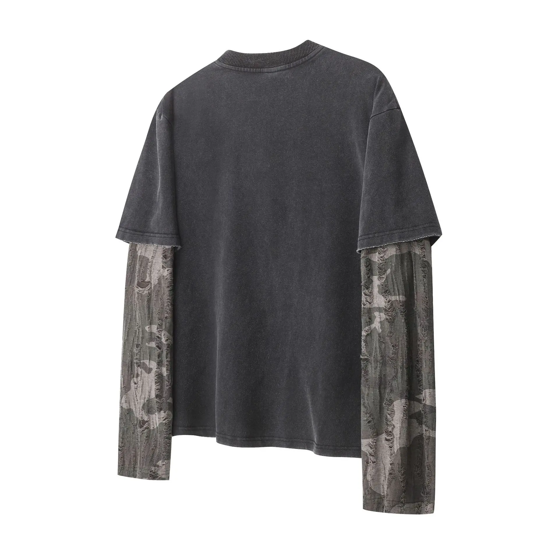 Men's Funny Horse Print Fake Two Piece Long Sleeve T Shirt Vintage Camo Patchwork Oversized Tee Streetwear Hip Hops Casual Top