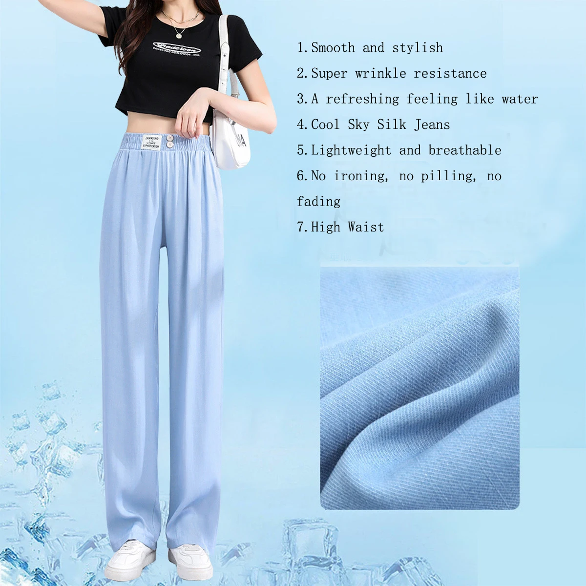 Women's Tencel jeans Thin Loose Straight High Waist Drop Ice Silk Wide Leg Pants Button