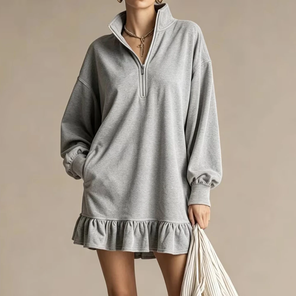 Sporty Women Hooded Half‑Zip Mini Dress Long Sleeve Elastic Waist Ruffle Hem Oversized Sweatshirt Dress Casual Vintage Dresses