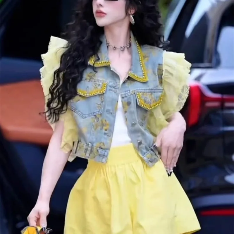

2025 New Style Women Vest Coat Sewn Diamond Retro Floral Denim Vest Women's Short Top