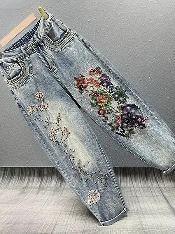 

Весна 2024, новые джинсовые джинсы с вышитыми цветами в стиле ретро, женские утягивающие брюки с эластичной резинкой на талии, повседневные широкие брюки с высокой талией