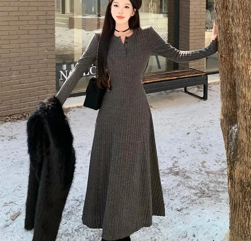 أنيقة ضئيلة عالية الخصر فساتين متماسكة النساء الخريف الشتاء طويلة الأكمام سميكة الدافئة فستان طويل خمر الشارع الشهير Vestidos #1