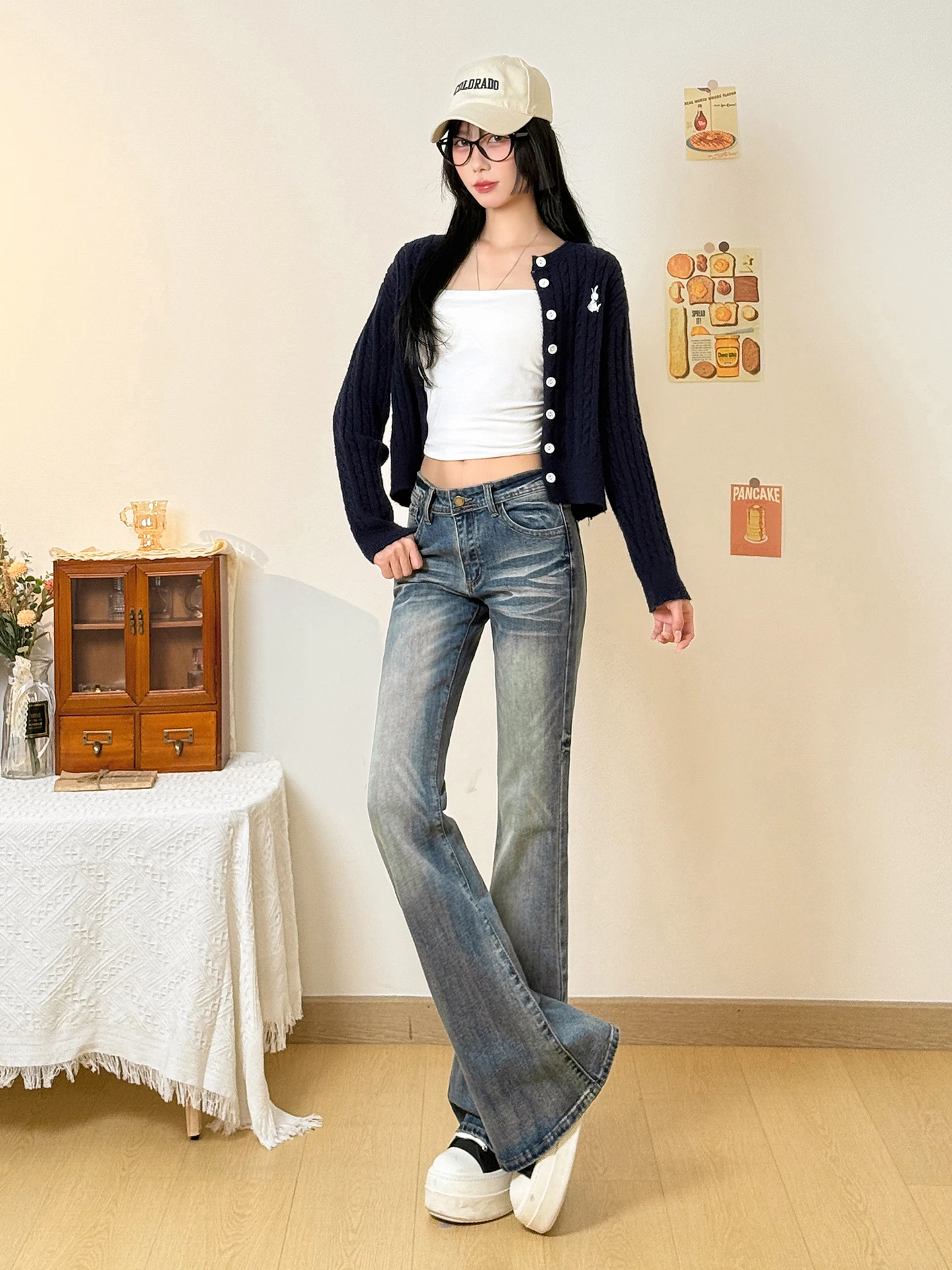 American Style High Waist Bell Bottom Jeans Women's Loose Slimming Non-Matching Leggings Floor-Length Pants Casual Spring
