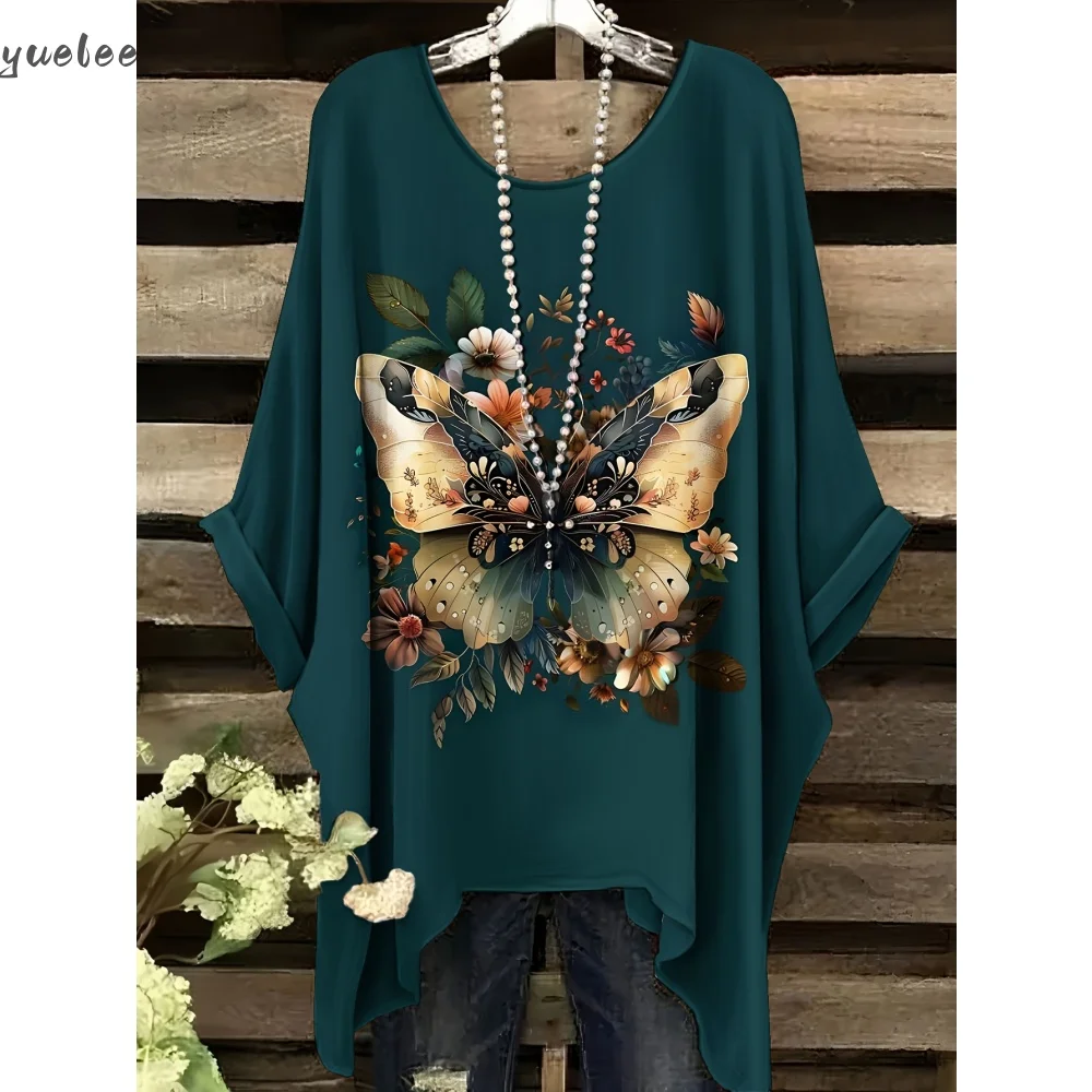 2025 Elegant Bohemian Women's T-Shirt Floral Butterfly Print Asymmetrical Hem Round Neck Versatile and Machine Washable Summer