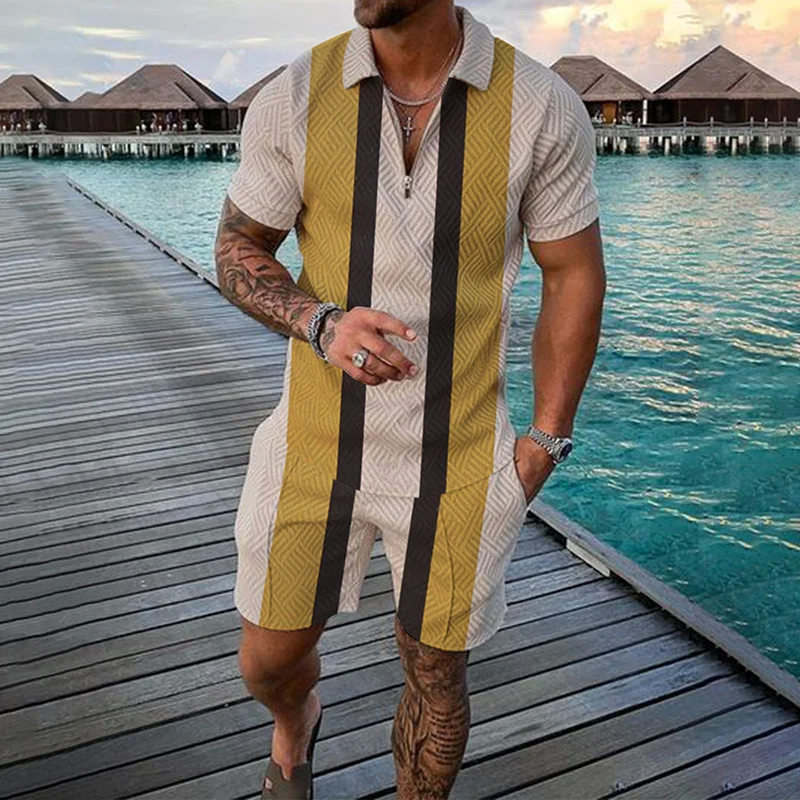 Casual Simple Men's Short Sleeve Sets Fashion Zipper Polo Shirts Shorts 2 Piece Outfit Summer Hip Hop Trend Loose Tees Top Suit