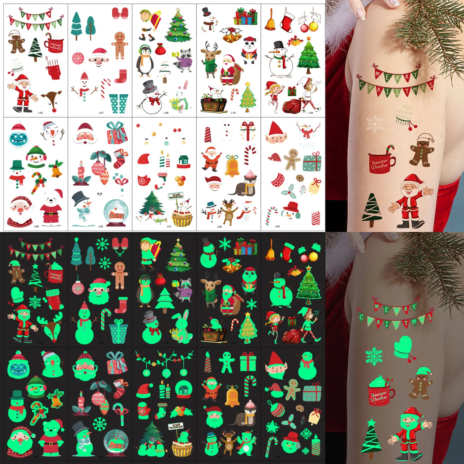 10 Luminous Tattoo Stickers in the Dark, Christmas Series Luminous Temporary Tattoos, 98 Interesting Cartoon Santa Claus Christmas Tree Snowman Element Pattern Fake Tattoo Stickers, Christmas Decoration Waterproof Art Stickers, Suitable for Christmas Gifts