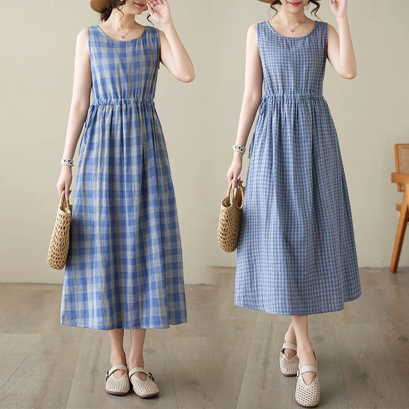 Verão svel algodão dr feminino faion redondo ne dupla camada xadrez fino a linha vestido artístico sle cintura solta