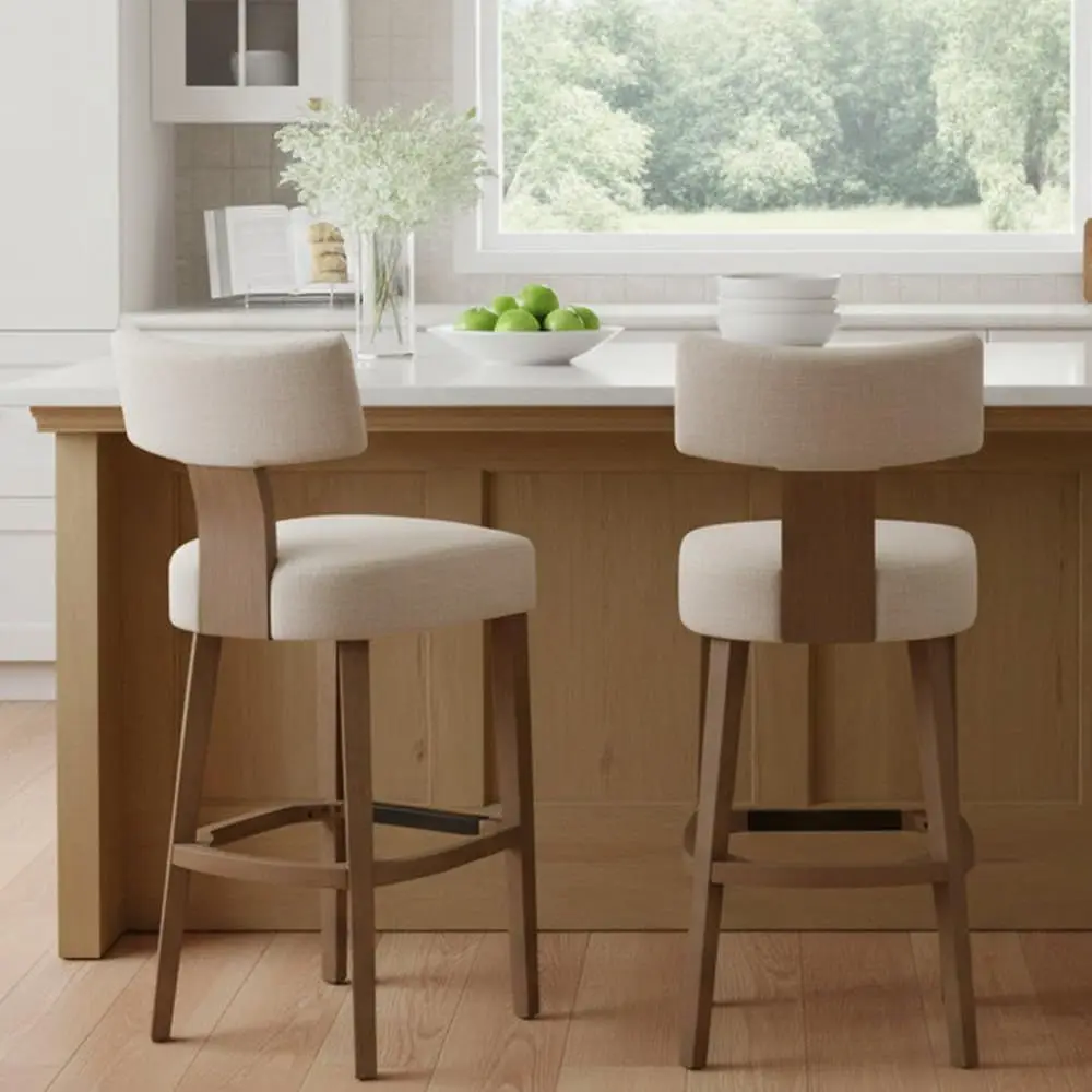

Set of 2 Counter Height Bar Stools with Upholstered Back, Linen Island Stools for Kitchen Bar, Beige