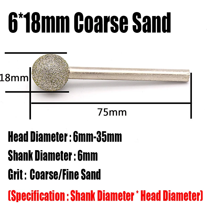 1PCS 6-35mm Ball Diamond Grinding Head Needle Bits Burrs Engraving Carving Tool 6mm Shank Grinding Bit Polishing Tool