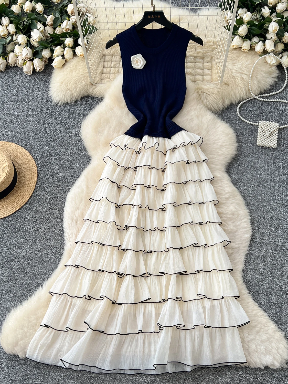 Vestido E de Malha com Cintura Alta Moda Fena de Verão Estilo Camadas Sem Mangas Vestido A-Line Estilo Francês