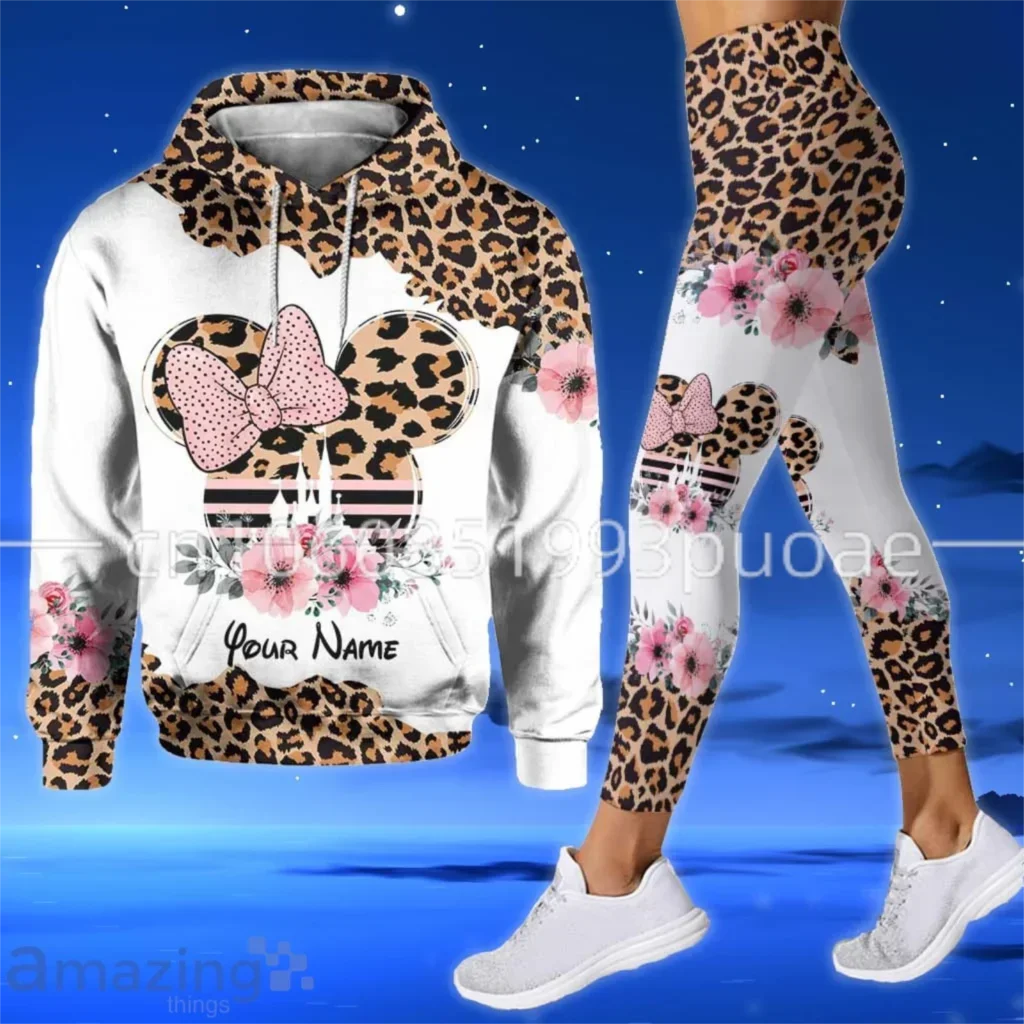 Nome personalizzato Minnie Mouse 3D felpa con cappuccio Leggings Set da donna Disney Mickey Yoga pantaloni della tuta moda Casual Leggings tuta da ginnastica