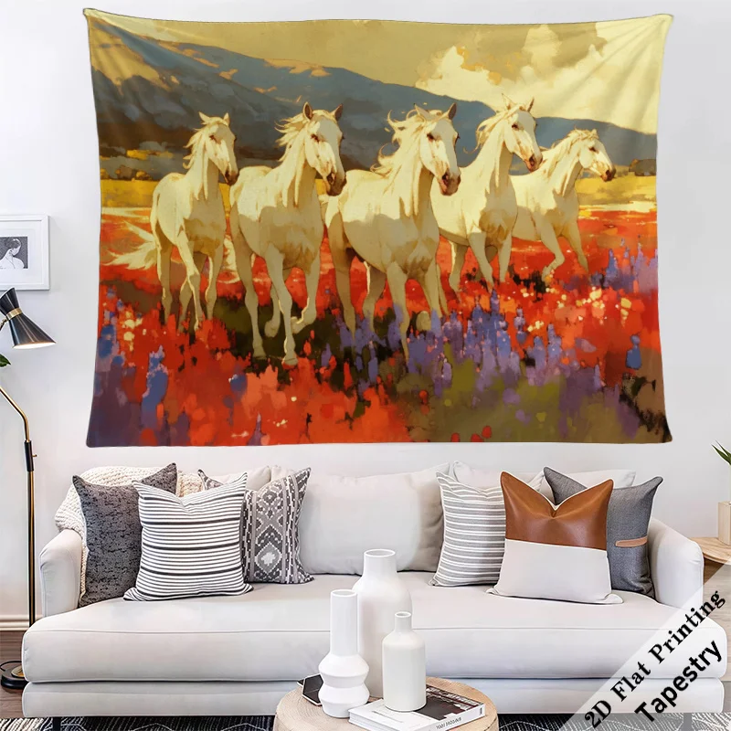 Boho Tapestry Wall Hanging Running Horses in Floral Meadow Landscape Art Print for Farmhouse Boho Home Decor Gift Decoration