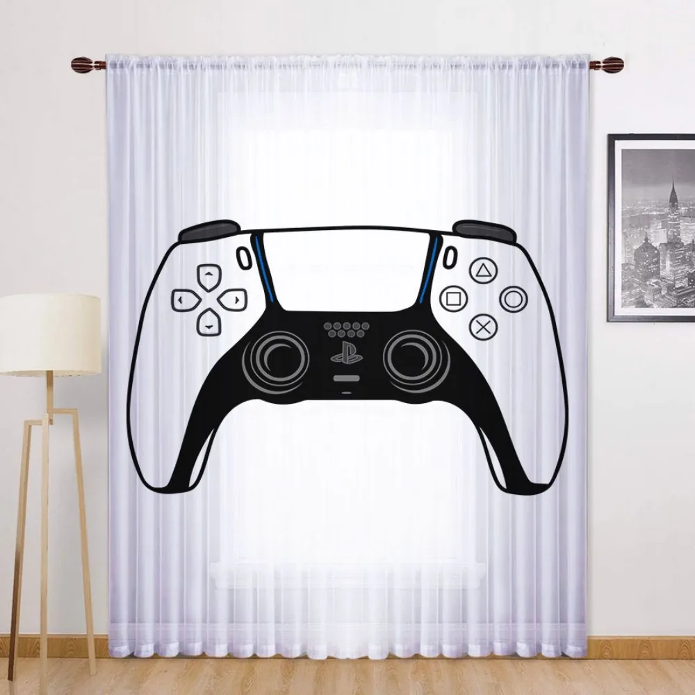 1PC Sheer Curtain Black White Game Controller Print, Rod Pocket Window Curtain for Living Room Bedroom Gaming Decor