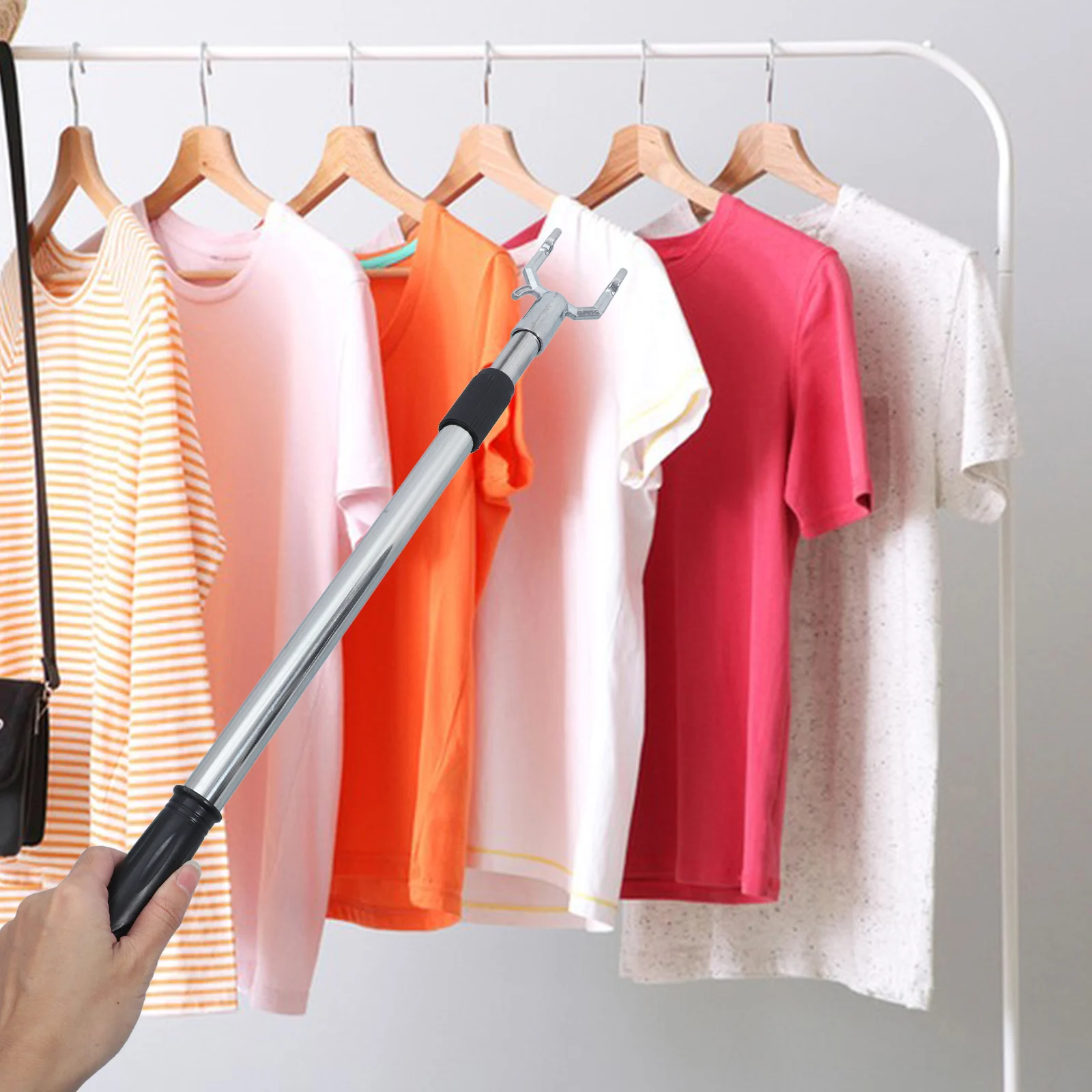 

Stainless Steel Clothes Fork Adjustable Closet Pole for Drying Curtains Windows Telescoping Garment Rod Retractable Poles