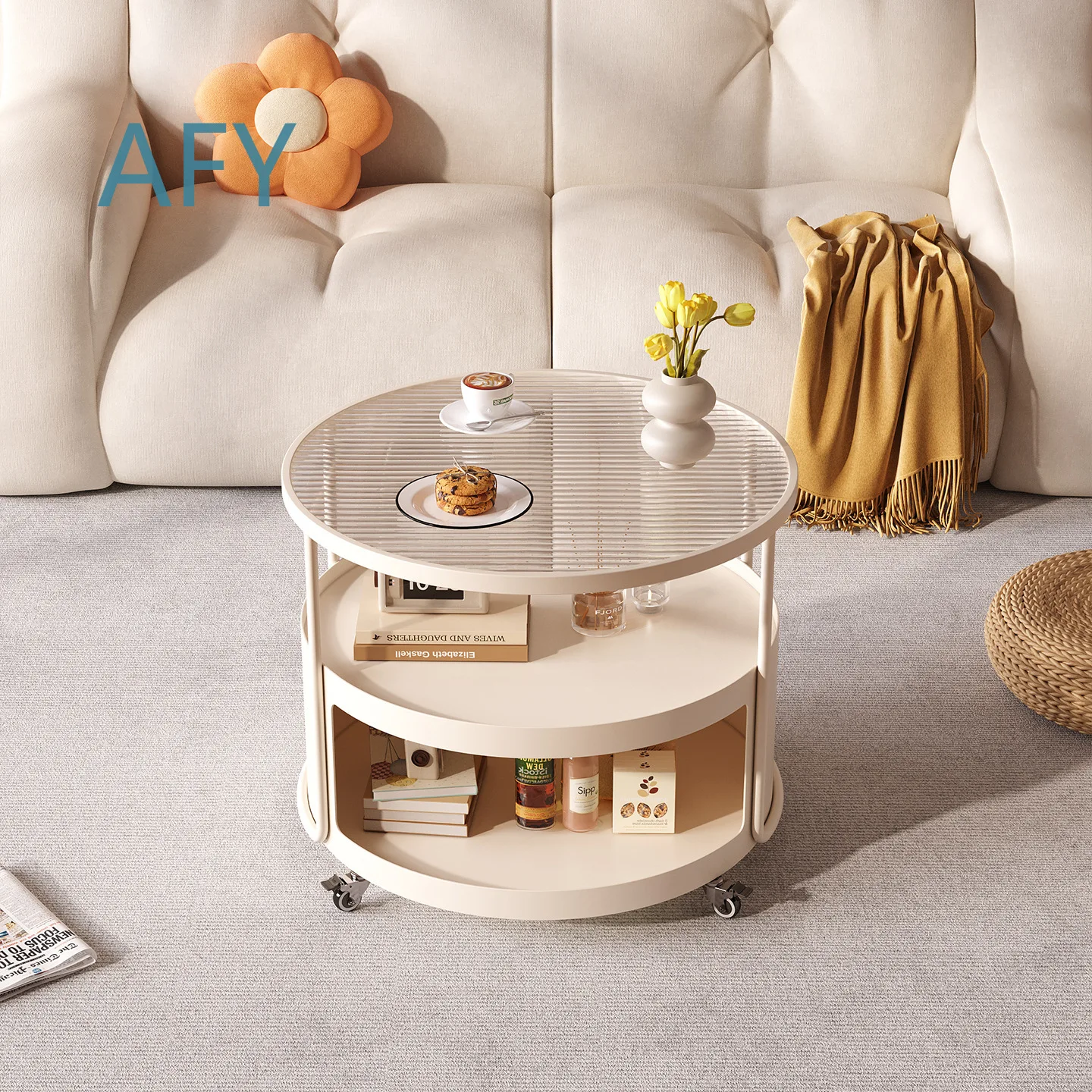Creamy Style Round Coffee Table for Small Living Room Home Use 2025 New Glass Movable Side Table for Apartment Minimalist