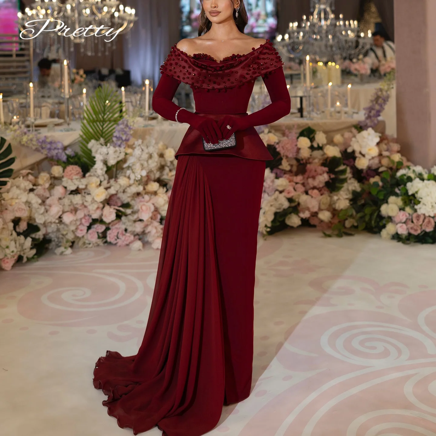 wine red long sleeve prom dress Wine Red Long Sleeves A-Line Tiered Long Formal Prom Dress MD7342 ModelDressy