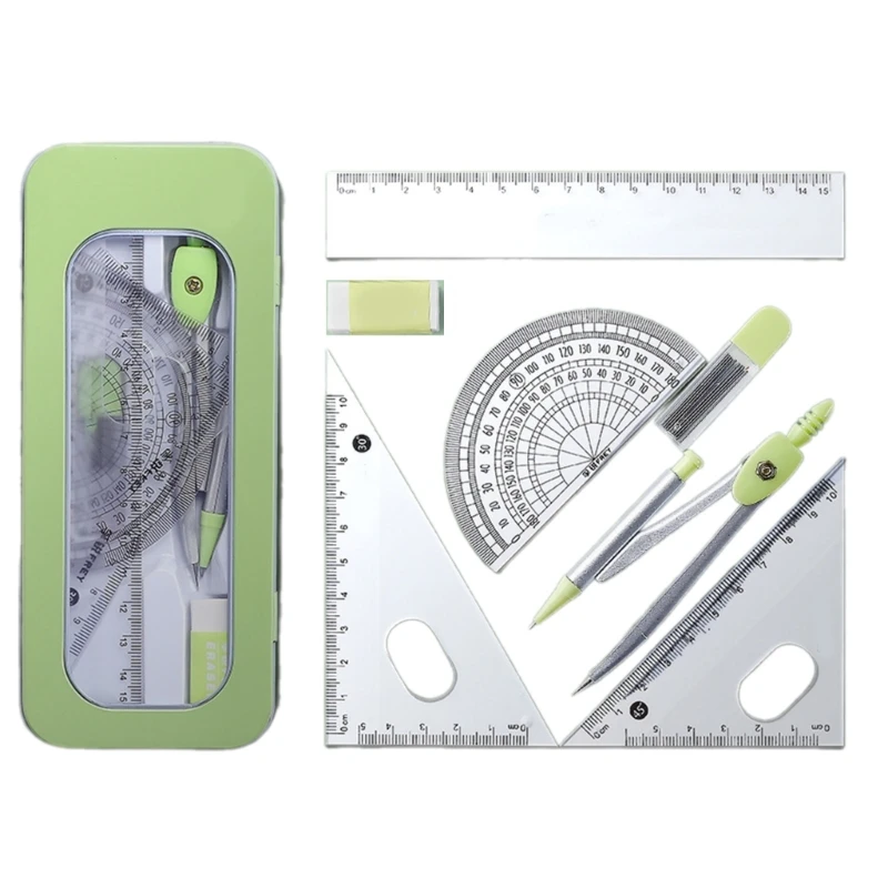 7Pcs School Geometry Tool Set for Student,Including Metal Geometry Set Square, Eraser, Protractor, Storage Case