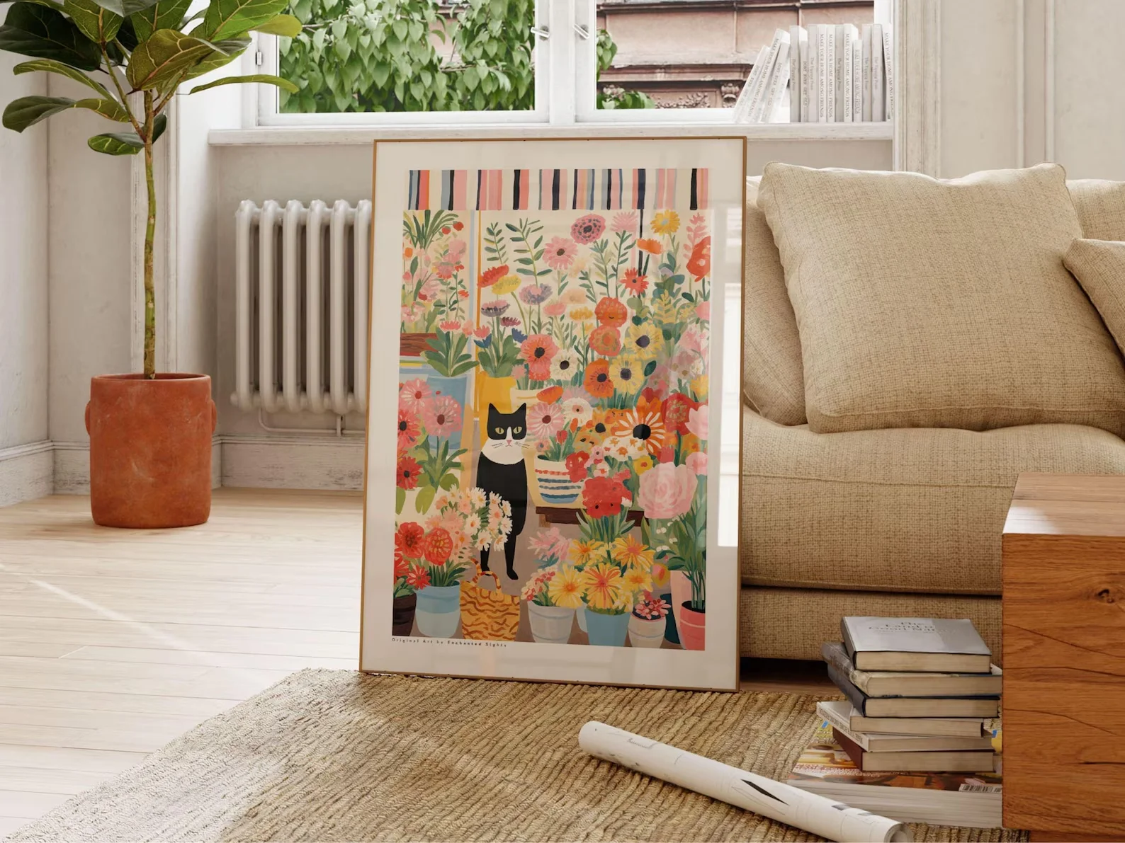 Black And White Cat Poster with Flowers - Cat Art Print Cat Illustration Floral Wall Decor Ideal Gift for Cat Lovers