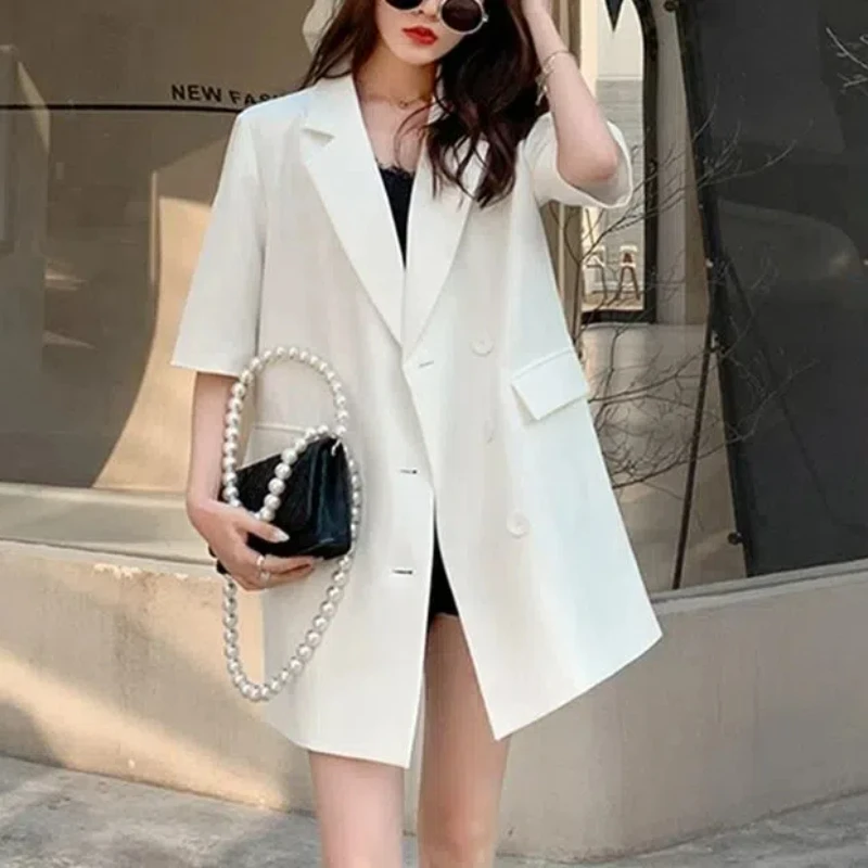 Minimalist Office Lady Summer 2024 Women's Patchwork Turn-down Collar Button Pocket Fashion Solid Loose Short Sleeved Blazers