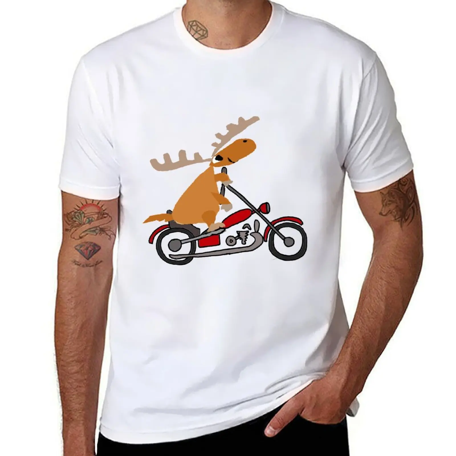 

Funny Moose Riding Motorcycle Cartoon T-Shirt t shirt custom print t shirts cotton 100% t shirts for man cotton funny T-Shirt