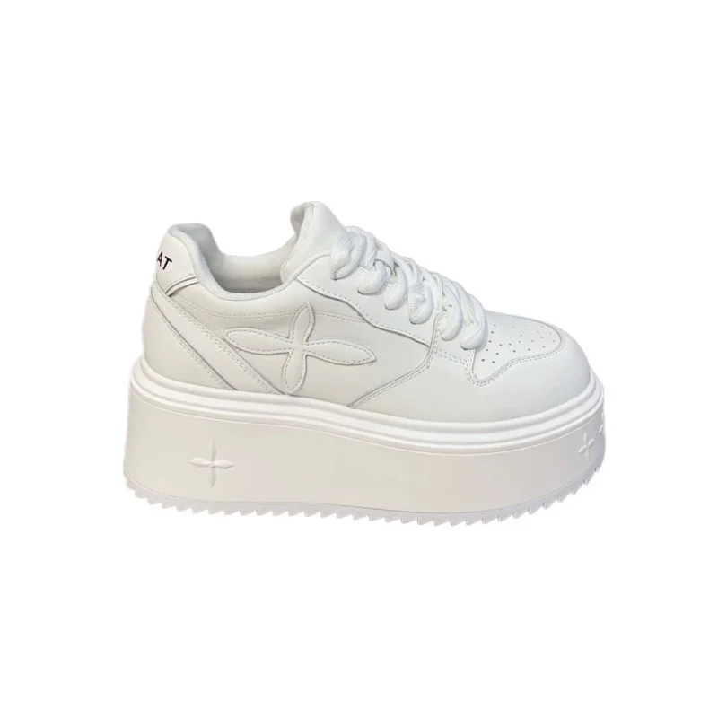 SyfIyno Thick Bottom White Leather Shoes Women Sneakers Leather Casual Shoes Skateboard Round Toe Heels Comfortable Zapatillas