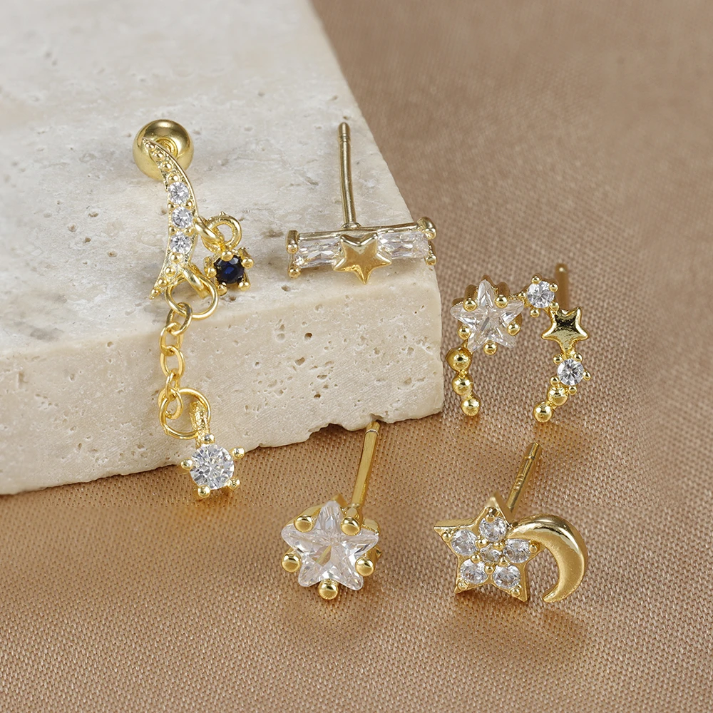 5PCS Fashion 18K Gold Plated Star Moon Stud Earrings Set for Women Stainless Steel Unique Statement Earring Piercing Jewelry