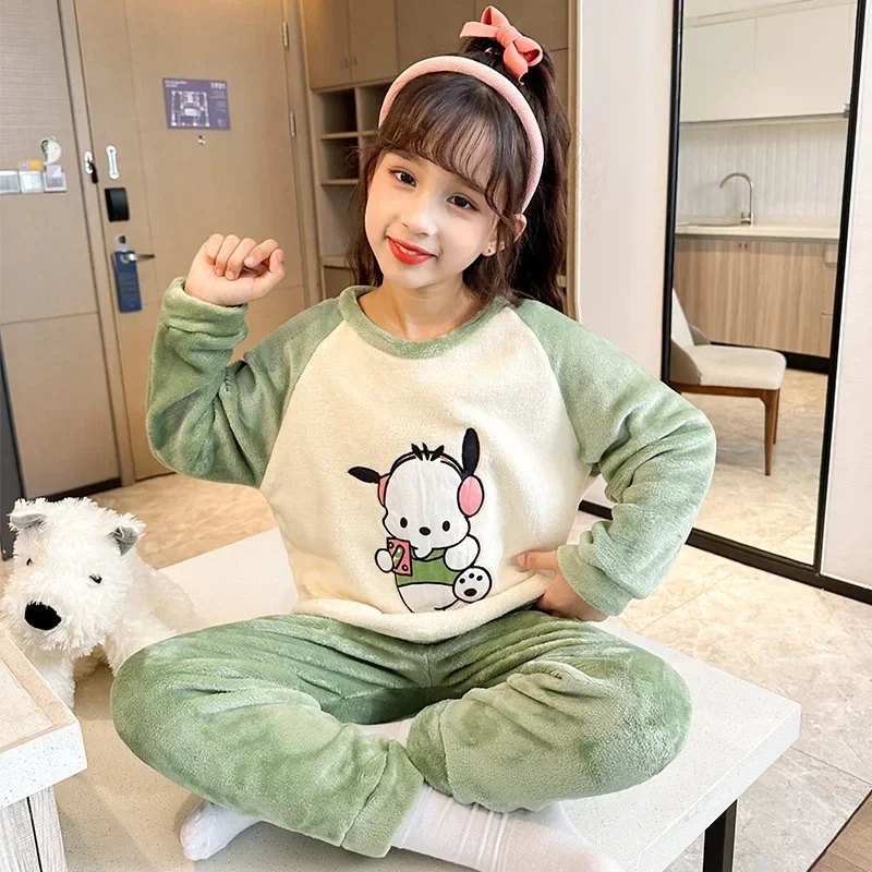 Sanrio Hello Kitty Kuromi Children\'s Pajamas Cinnamoroll My Melody Winter Autumn Flannel Anime Kids Sets Long Sleeved Girls Boys