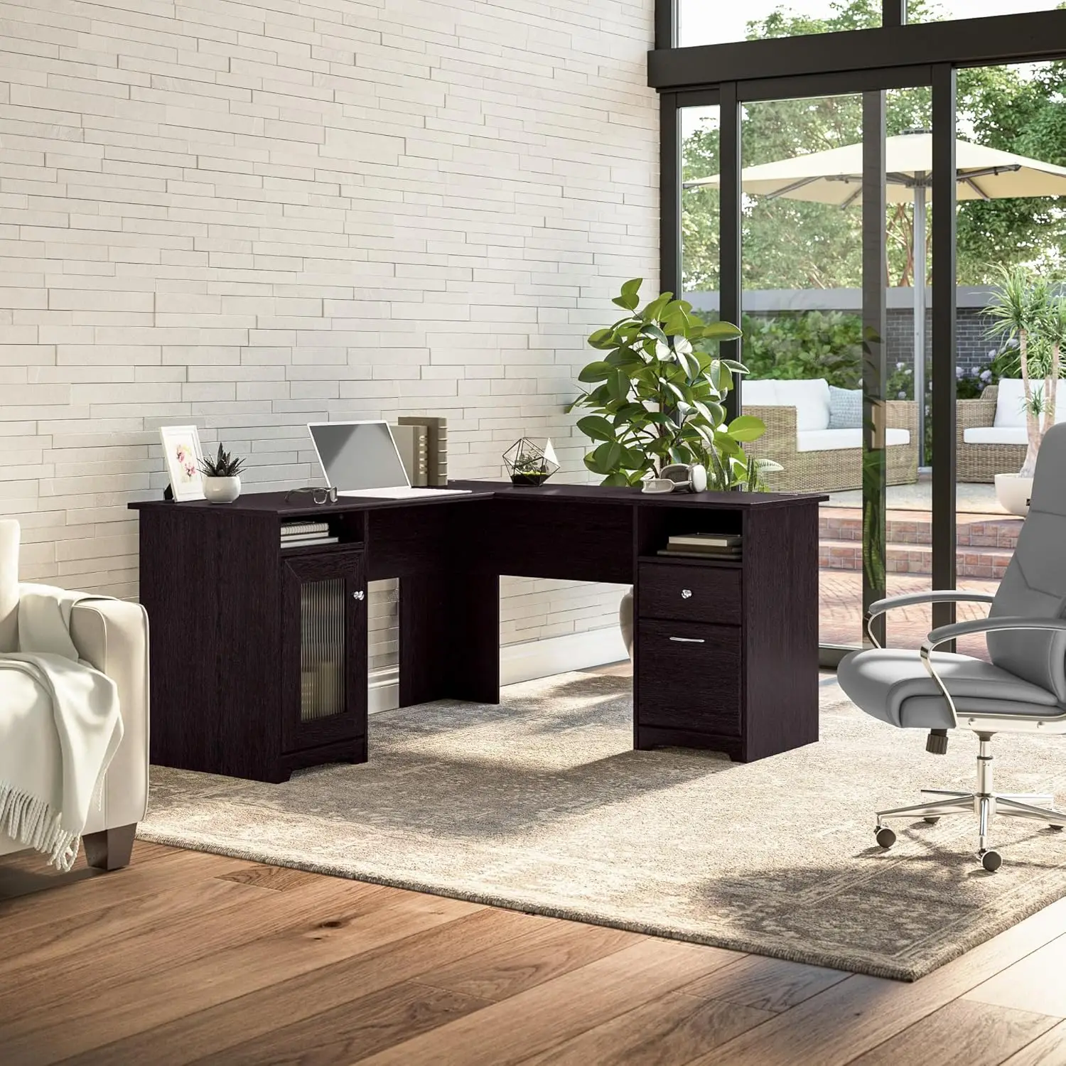 60W x 60D x 30H L Shaped Desk provides plenty of room to work in either directionCorner desk surface includes built-in wire