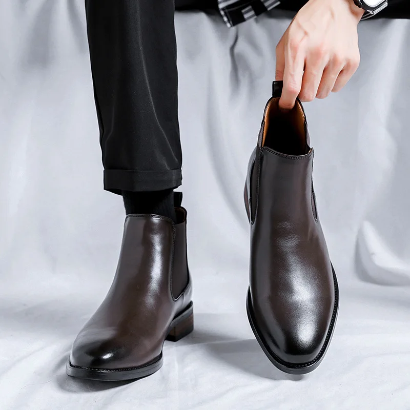 Quality Mens Ankle Chelsea Boots Handmade Pu Leather British Style Designer Retro Black Autumn Wedding Social Formal Shoes Man
