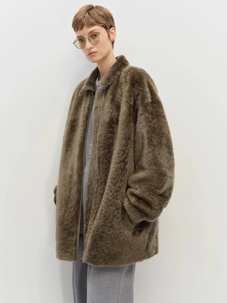 High-end Luxury Natural Lamb Fur Shearling Jackets for Women Simple Soft Loose Mid-length Winter Genuine Leather Real Fur Coat