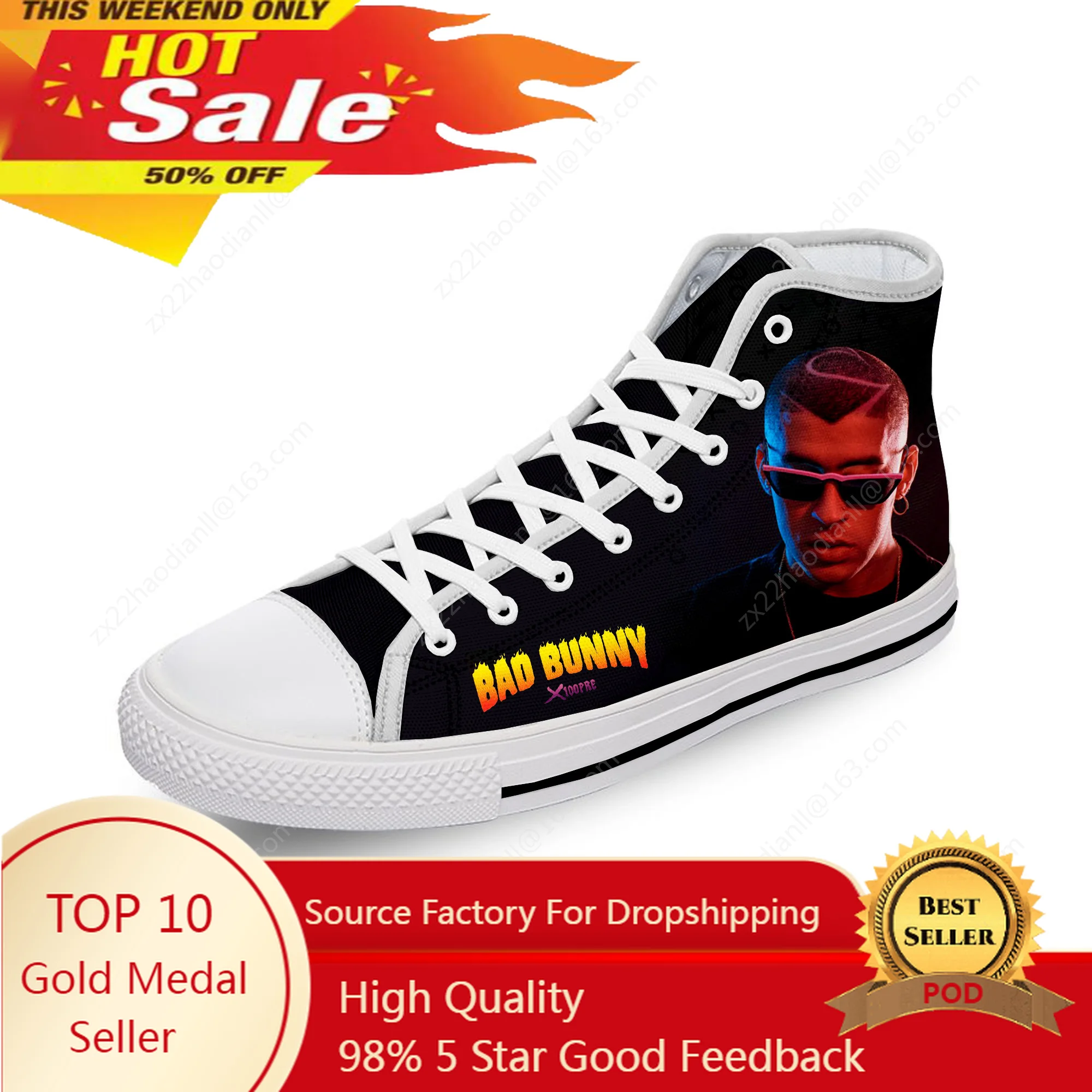 

Bad Bunny Rap Hip Hop Rapper Cool White Cloth Fashion 3D Print High Top Canvas Shoes Men Women Lightweight Breathable Sneakers