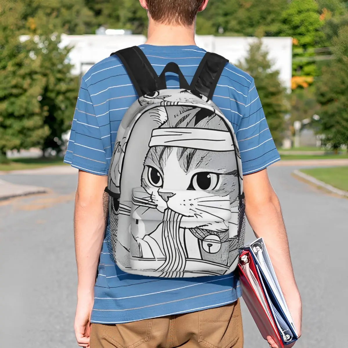 Japanese Cat Eating Ramen Backpack Student BookBag Children School Bag Computer Shoulder Bags for Men Women