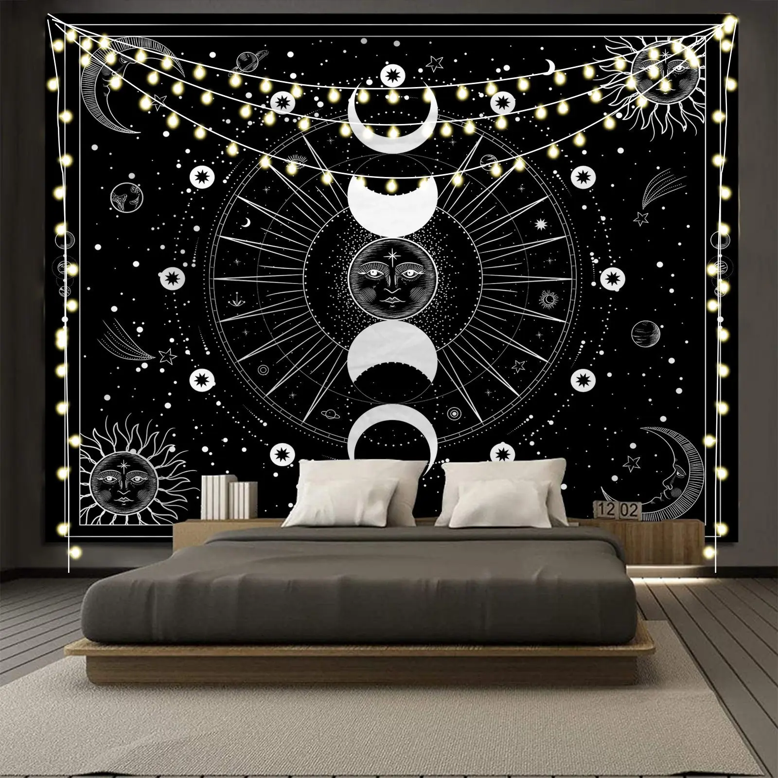 White Black Sun Moon Mandala  Phase Wall Hanging Tapestry Moonlight Black Tapestries Boho Room Wall Decor Home Decoration