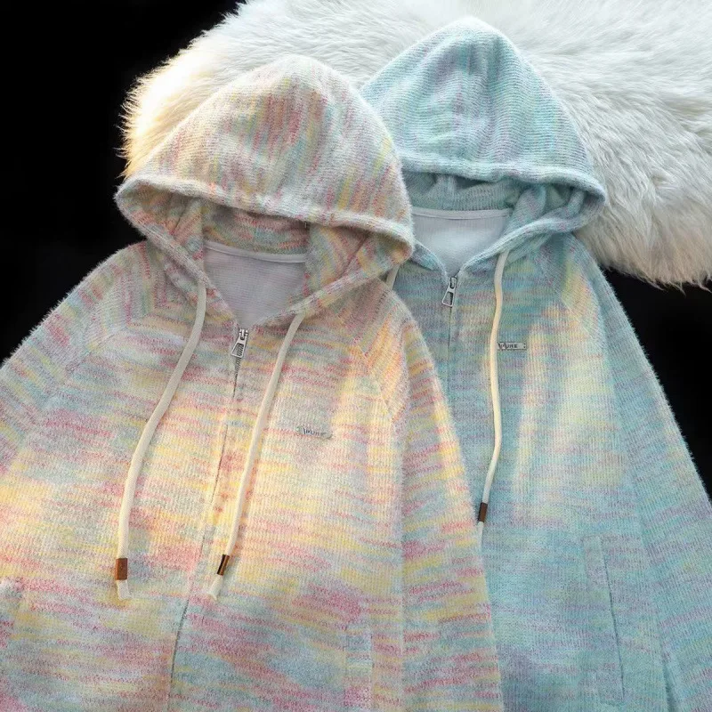 

Colorful Striped Knitted Cardigan, 2025 Autumn and Winter Lazy Style, Hooded Zip-up Gradient Loose Sweater Jacket.