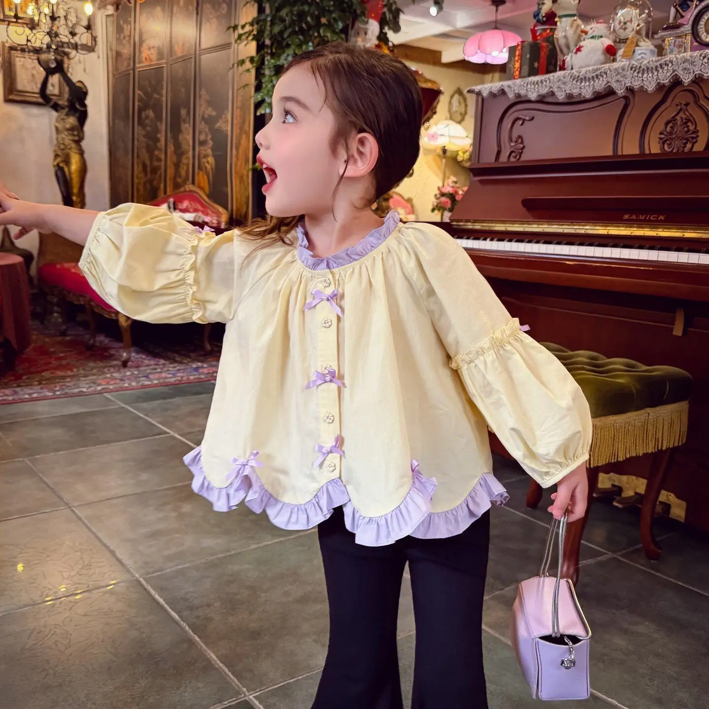 2026 Girls Spring Puff Sleeve Shirt Trendy Princess Top Long Sleeve Kids Blouse Fashion Children Clothing