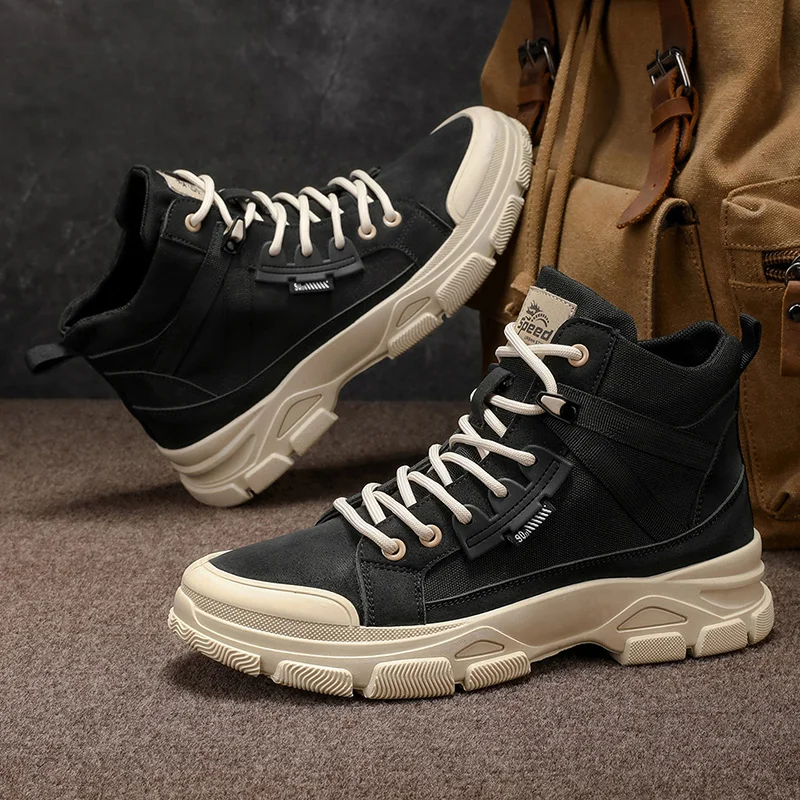 Men's Mid Top Platform Work Boots Non Slip Outdoor Hiking Shoes 2 Colors