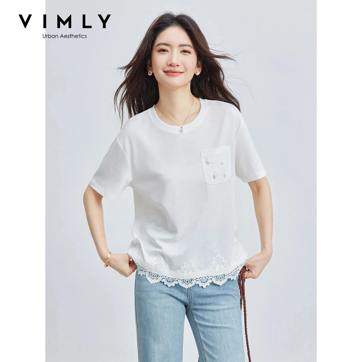 T-shirt en maille mi-longue décontracté VIMLY pour femme, blanc simple, à manches courtes, avec poche coquille et ourlet en dentelle, collection été 2026 A6228