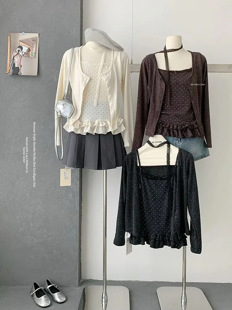 Korean Style Fashion Set Women's Thin Cardigan Lace Trim Tank Top Ensemble Autumn New Simple Style Long Sleeve U-Neck Design
