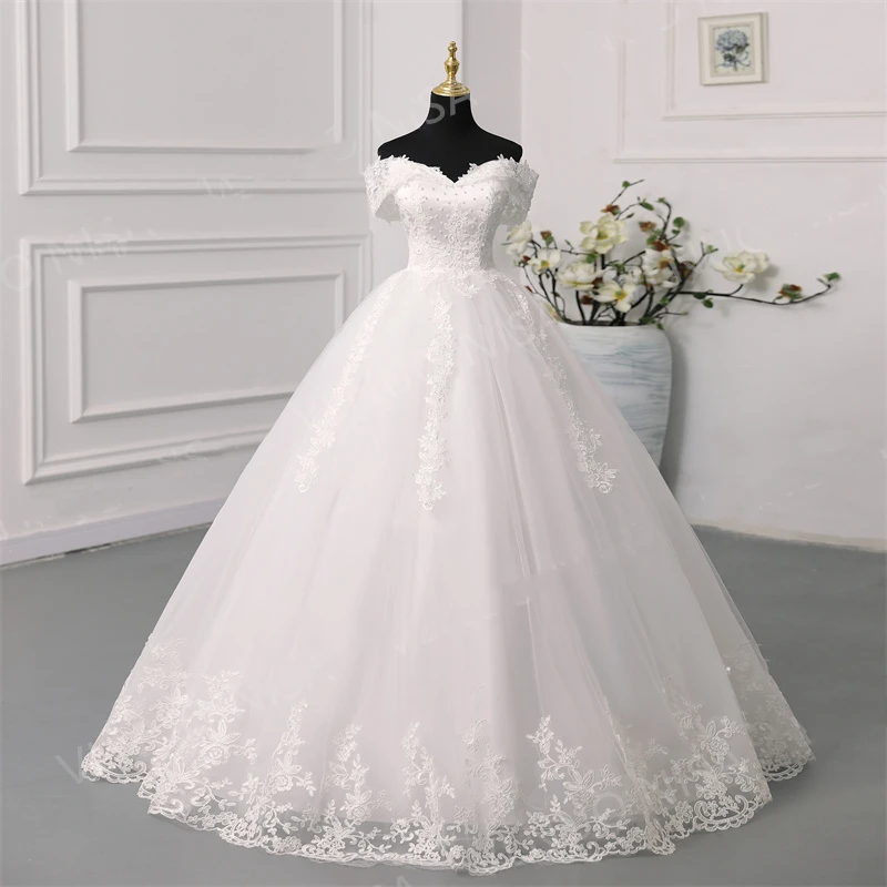 Y&M Novias Customized Off Shoulder Plus Size Vestido De Noiva Wedding Dress Long Train or Floor Appliqe Bridal Tulle Mariage