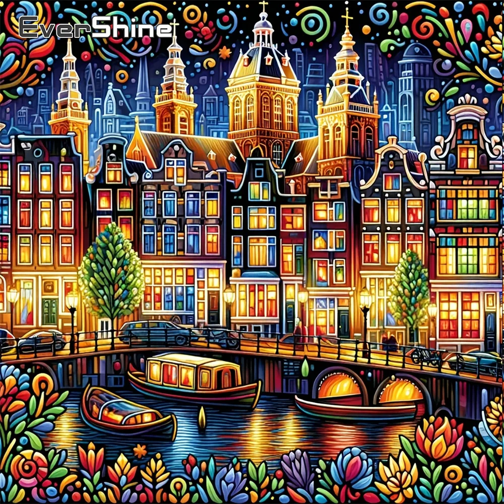 EverShine Diamant-Mosaik-Landschaftsbild, Strass-Stickerei, Haus, vollständiges quadratisches Gemälde, Boot-Dekoration für Zuhause