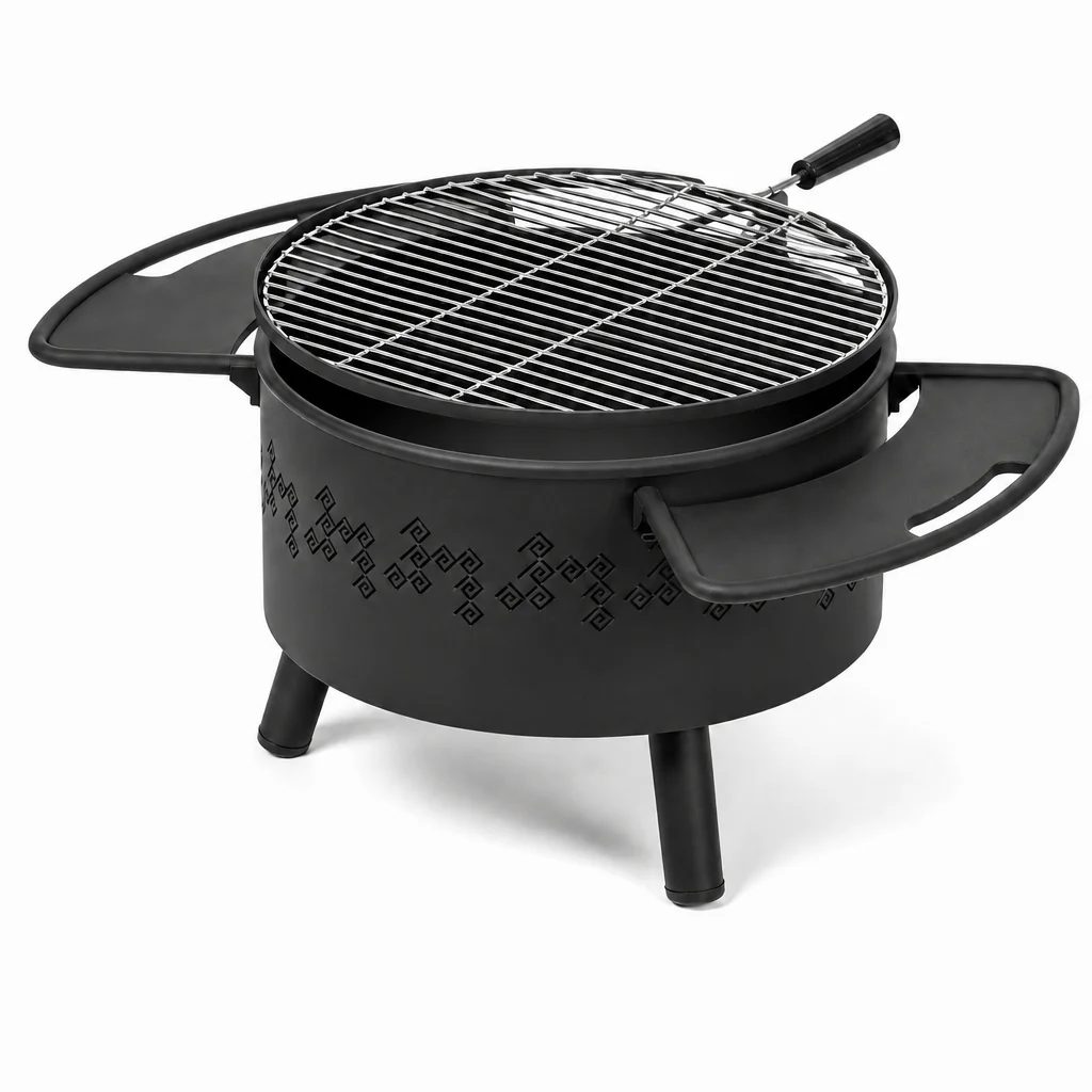 hx-Modern Portable Charcoal BBQ Grill 57cm Cylinder Outdoor Stainless Steel Cooking Grate Flame Safety Device 2 Fold Side Tables