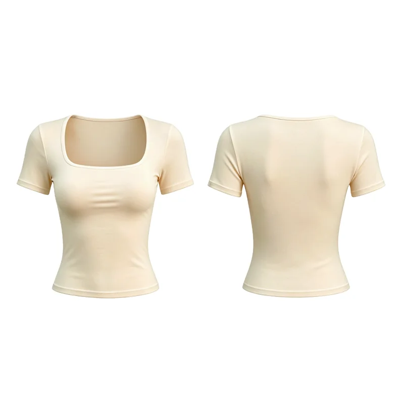 Damen-T-Shirt mit kurzen Ärmeln, schmal geschnitten, schlichtes Basic-Modell, quadratischer Kragen, Unterhemd, weiches, dehnbares Strickmaterial, ideal als Basisschicht, für den täglichen, lässigen Gebrauch. – Detail 9