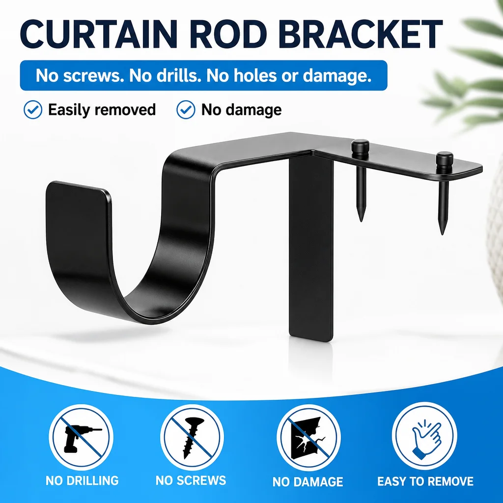 2/4PC Single Hang Curtain Rod Bracket Heavy Duty Double Hang Curtain Rod Holders Tap Right Into Window Frame Curtain Rod Bracket