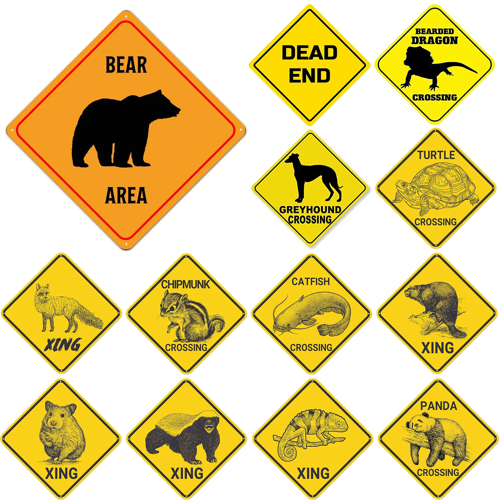 Funny Metal Tin Sign Bear Panda Turtle Mouse Xing Caution Crossing Sign Wildlife Gift for Indoor Outdoor Wall Decor Square Sign