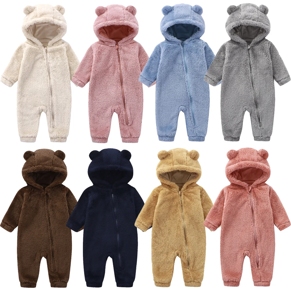 Bear Autumn Cartoon Winter Long Sleeve Baby Boys Girls Plush Rompers Front Zipper Toddler Kids Playsuit Jumpsuits Baby Clothes