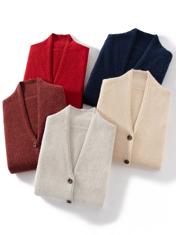 

ADDONEE Autumn Winter Women 100% Cashmere Sweater Ruffled Collar Cardigan Coat Office Lady Grace Cashmere Knitwear Autumn Winter