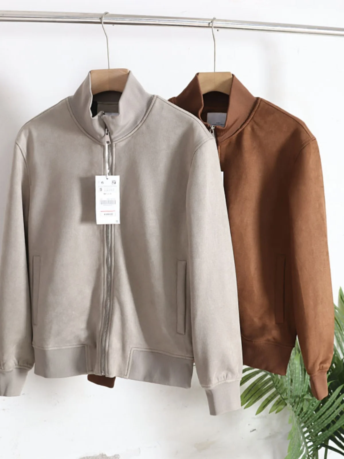 

Retro Waed Suede Flight Jaet Men's Stand Collar Smooth Autumn Faion Urban Sle Windproof Long Sve Zipper Pure Color