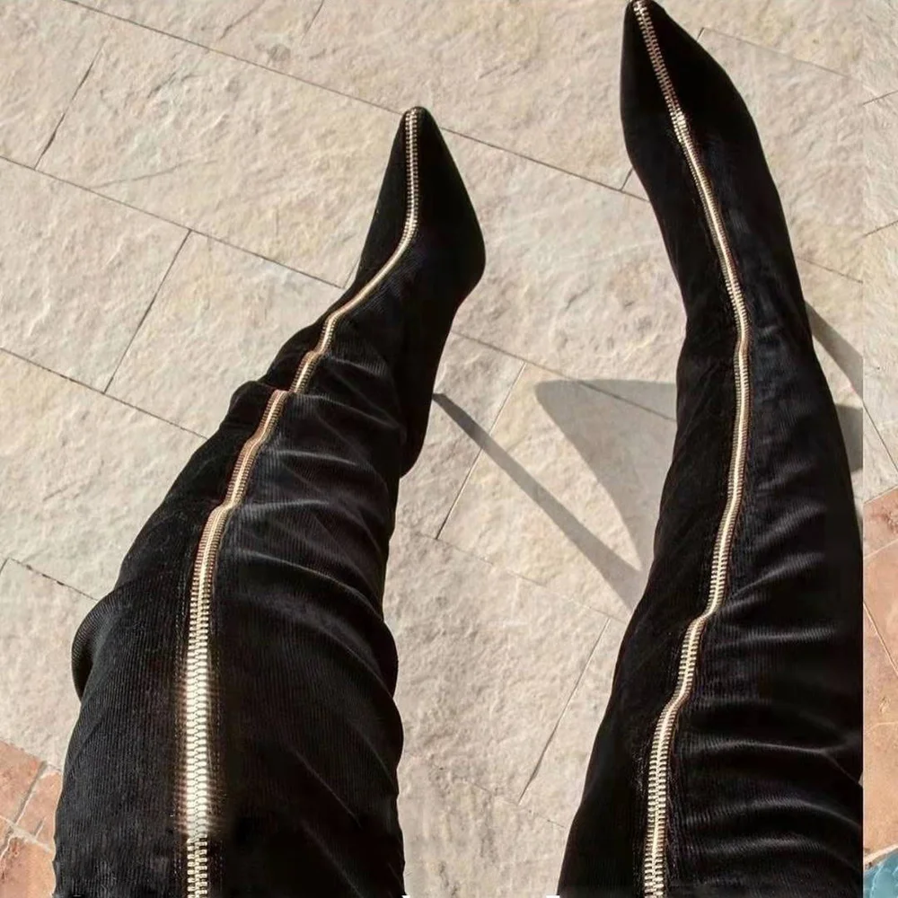 Black Sexy Zipper Over Knee Ladies Boots 2025 Spring New Pointed Stilettos Model Catwalk Boots Street Fashion Party Casual Boots