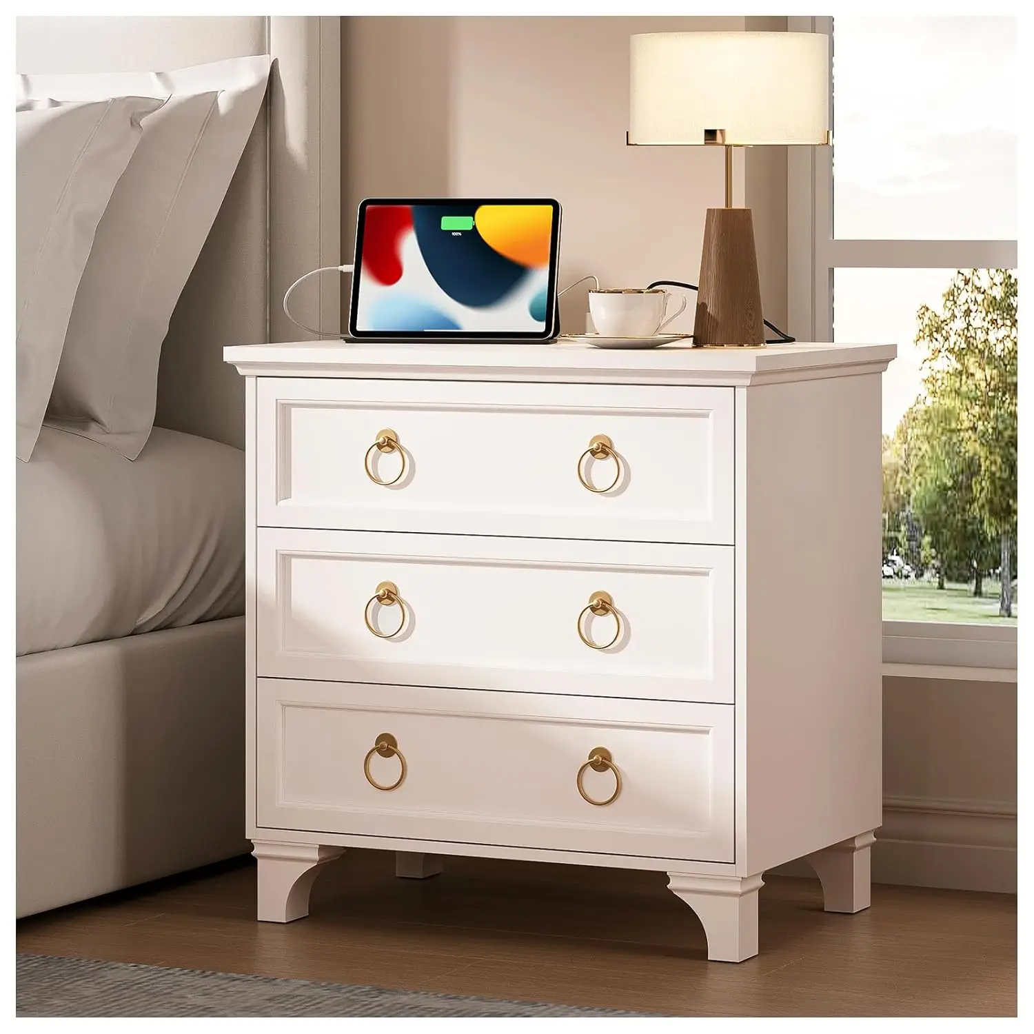 

Прикроватная тумба-столик 24 дюйма, белая, с зарядной станцией, 3 ящиками, большой вместимостью, широкая, для спальни, для дивана, на заказ