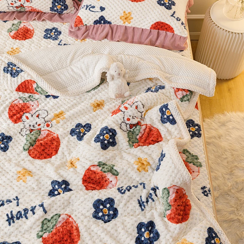 Cartoon Bunny Strawberry Floral Throw Blanket Cute Flower Cozy Fluffy Plush Blanket Soft Bed Sofa Throw Blankets for Kids Girls